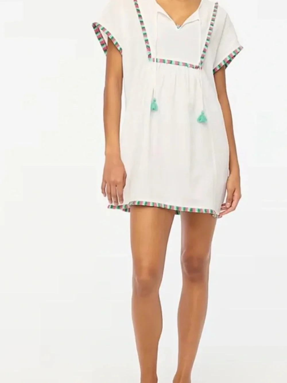 J. Crew White Fringe Tunic with Pink and Green Trim
